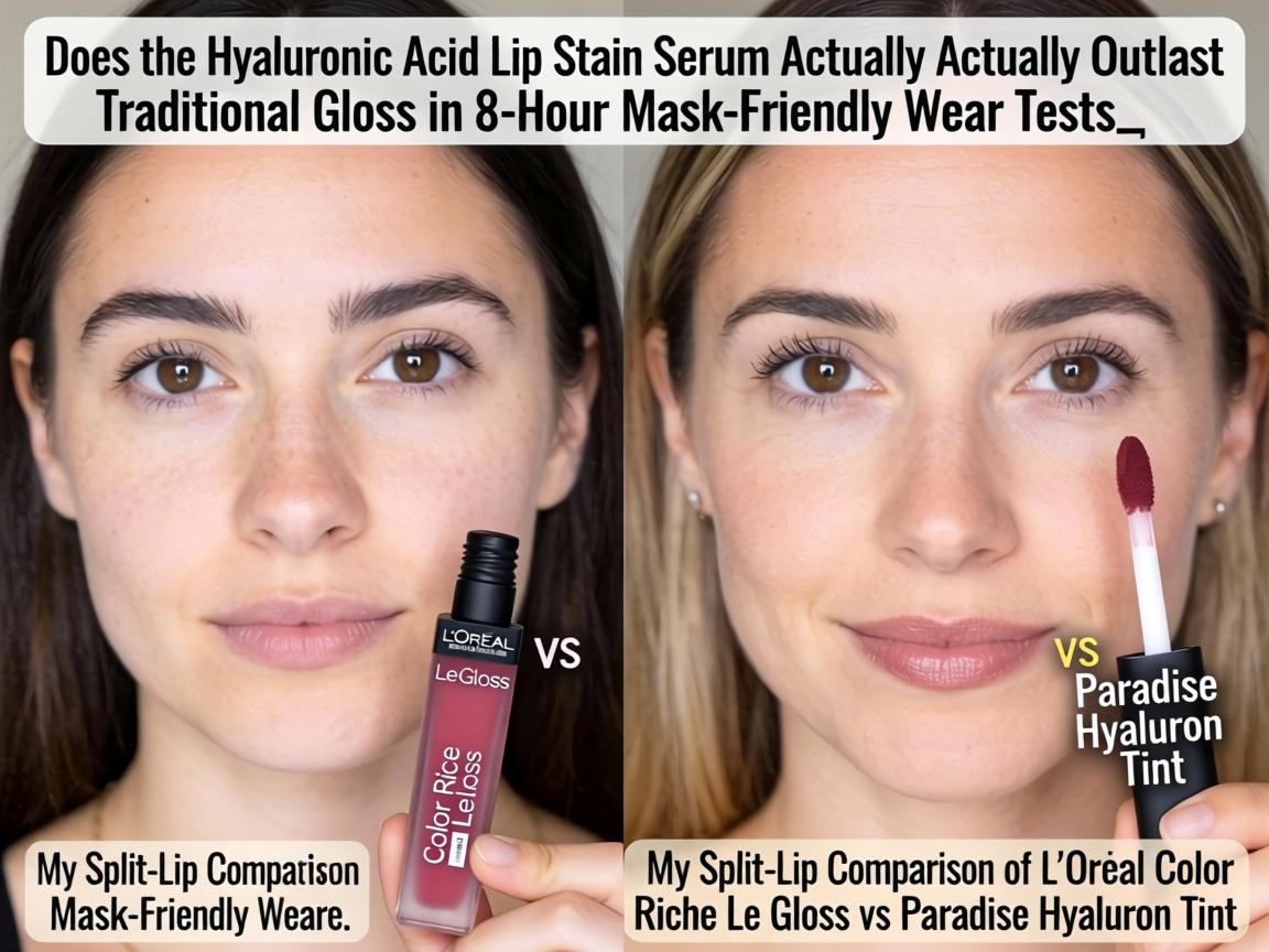 Does the Hyaluronic Acid Lip Stain Serum Actually Outlast Traditional Gloss in 8-Hour Mask-Friendly Wear Tests_ My Split-Lip Comparison of L'Oréal Color Riche Le Gloss vs Paradise Hyaluron Tint
